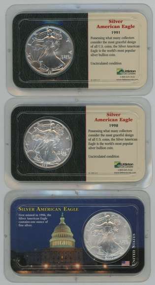 Superb Gem BU 1991, 1998, & 2000 $1 Silver Eagle coins