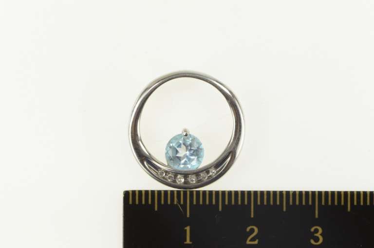 10K White Gold Round Blue Topaz Diamond Channel Round Pendant