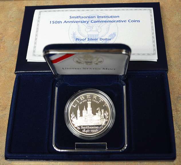 1996 Proof Smithsonian Institution 150th Anniversary Commemorative Silver Dollar.