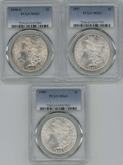 3 Diff. Very Choice BU Morgan Silver Dollars. PCGS MS63