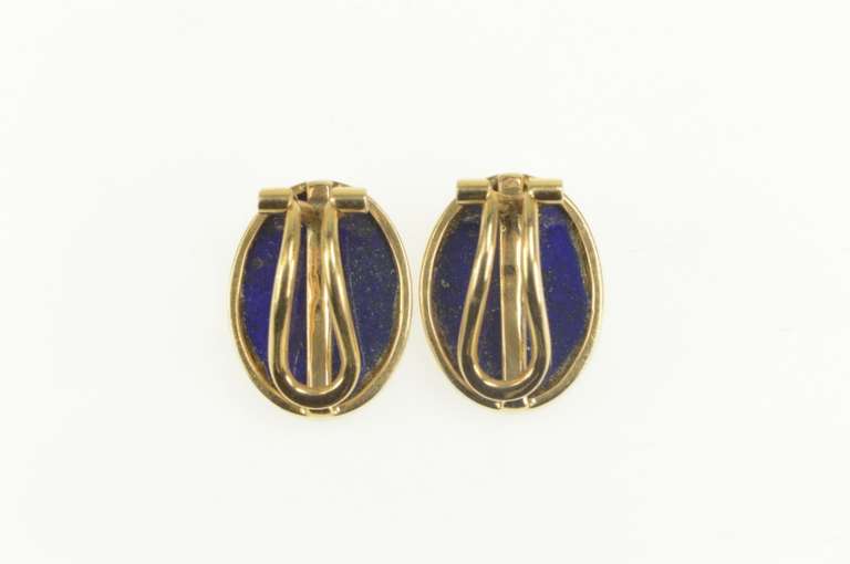 14K Yellow Gold Oval Lapis Lazuli Bezel Inset Clip Back Earrings