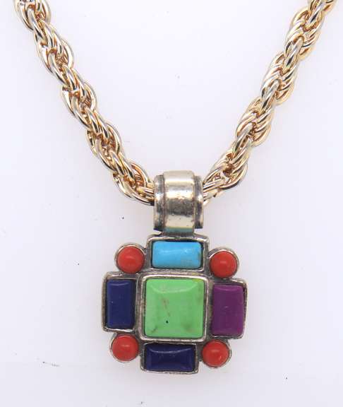 Vintage Sterling Silver Multi Gemstone Pendant on Chain