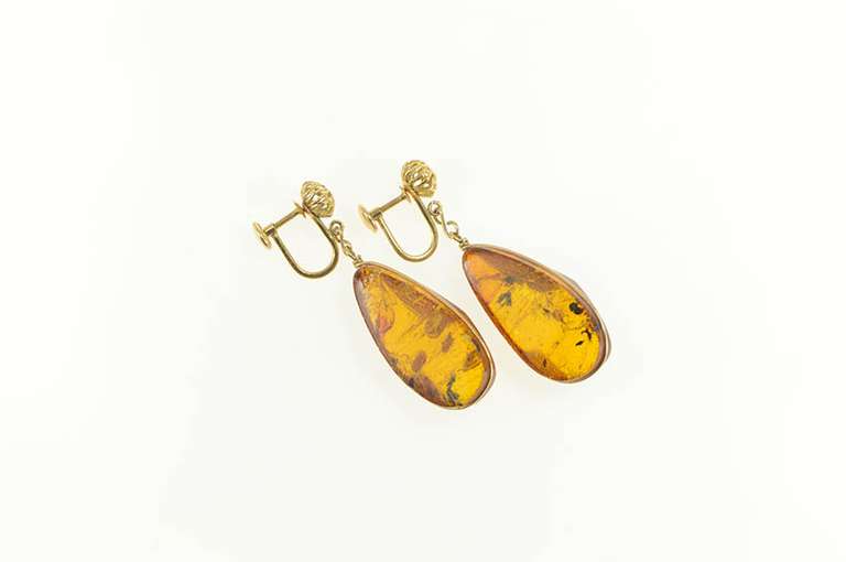 14K Yellow Gold Retro Faceted Amber Dangle Screw Back Earrings