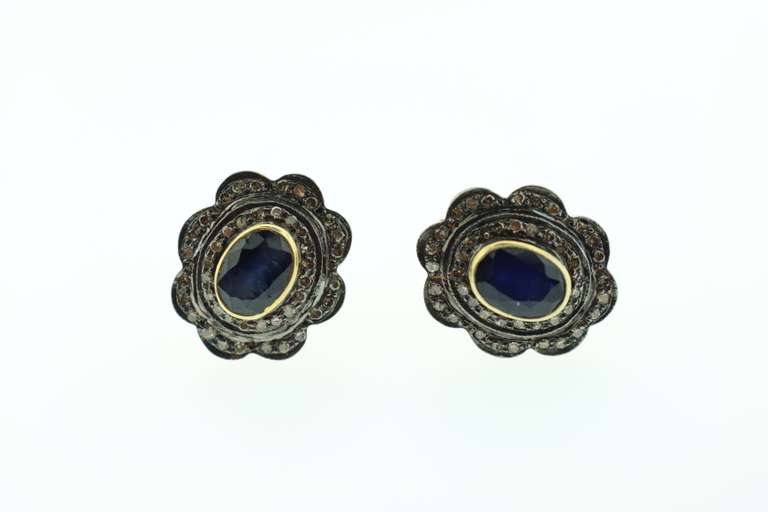 Intoxicating Black Sapphire Gold Plated Silver Earrings with Diamond Accents