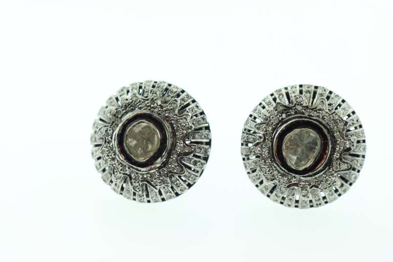 Fashionable Mine Cut Diamond Centerpiece Earrings with Dark Silver and Diamond Accents