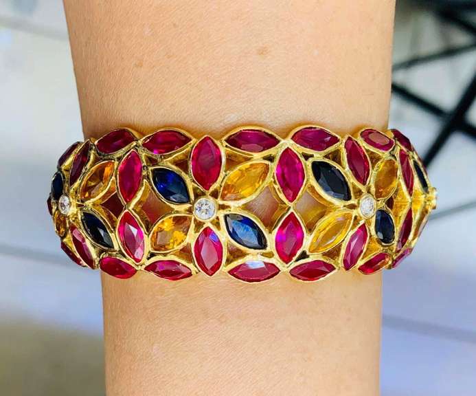 18kt Solid Yellow Gold Bangle Bracelet with Rubies, Sapphires, & Diamonds!