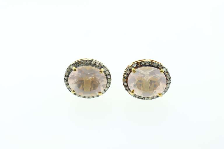 Lovely Rose Quartz Earrings with Gold Plated Silver and Diamond Accents