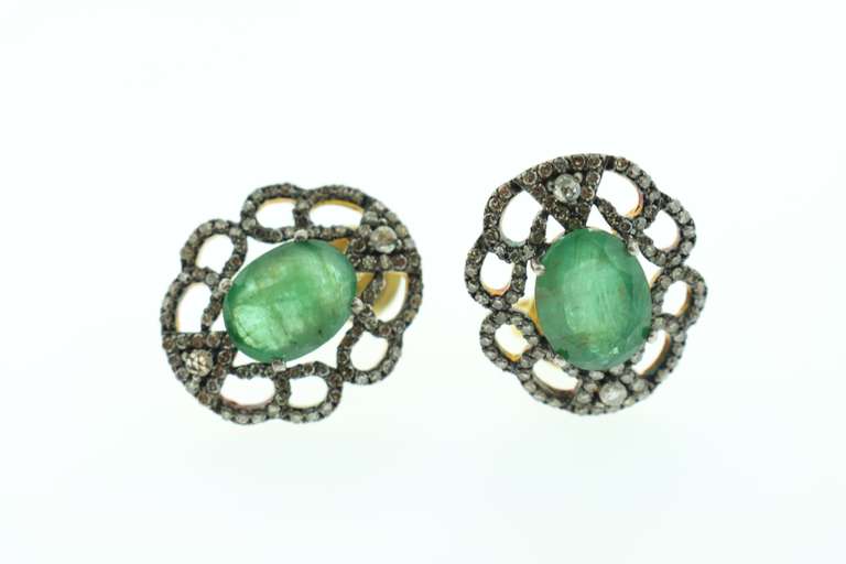 Regal Emerald Earrings with Intricate Diamond Laced Design and Gold Plated Silver