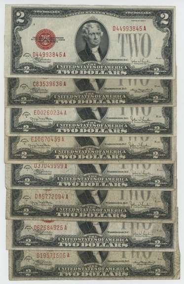 Lot of 8 Series of 1928 $2 Red Seal Notes