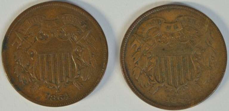 Pair of razor-sharp fully struck 1864 Two Cent Pieces.