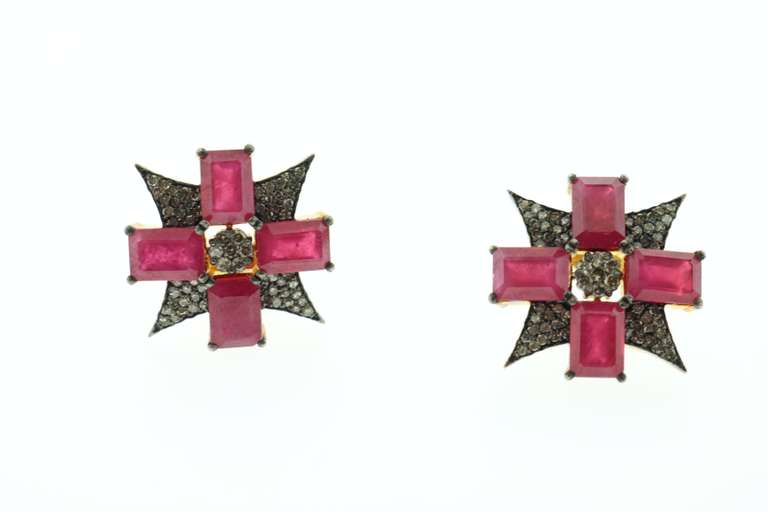 Flamboyent Ruby Earrings with Gold Plated Silver and Diamond Accents