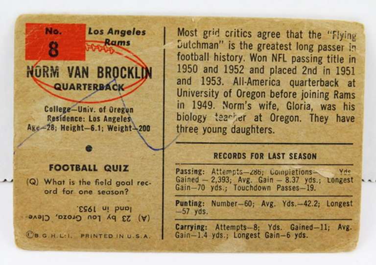 Norm Van Brocklin 1954 Bowman Football Card