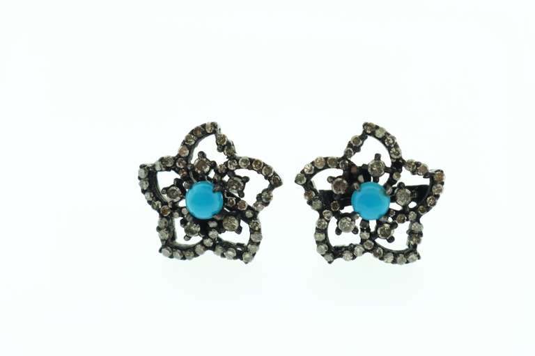 Pretty Turquoise Colored Gemstone with Floral Diamond Accents Dark Silver Earrings