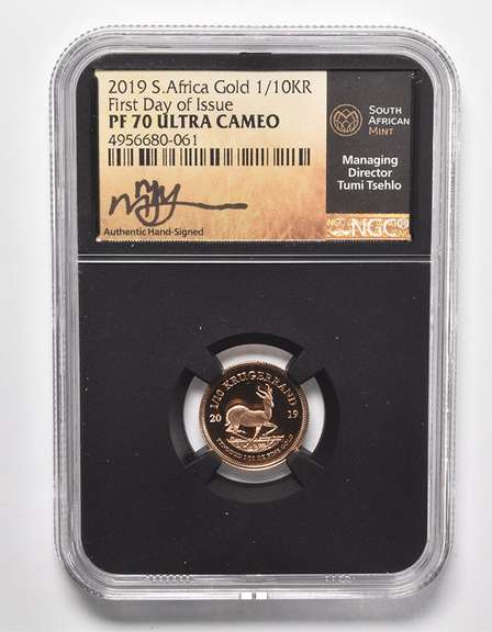 PF70 UCAM 2019 South Africa 1/10 Krugerrand - Fine Gold - Signed - NGC