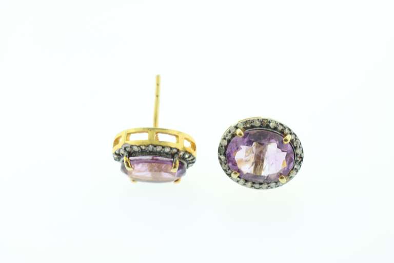 Gorgeous Violet Amethyst Earrings with Gold Plated Silver and Diamond Accents