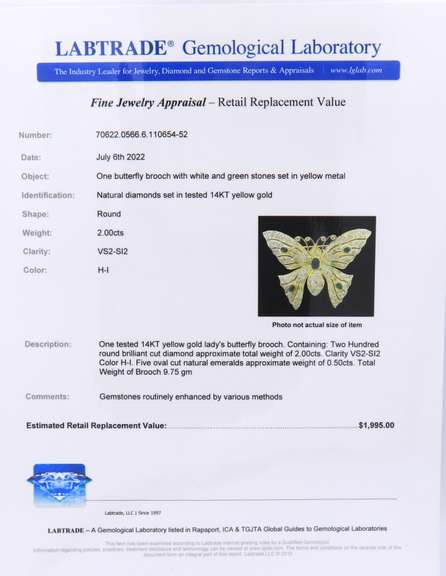 Incredible Yellow Gold oval Emerald and Diamond Butterfly Brooch