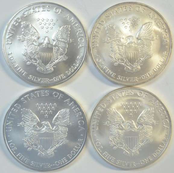 4 Diff. Superb Gem BU $1 Silver Eagle coins 2005 to 2009