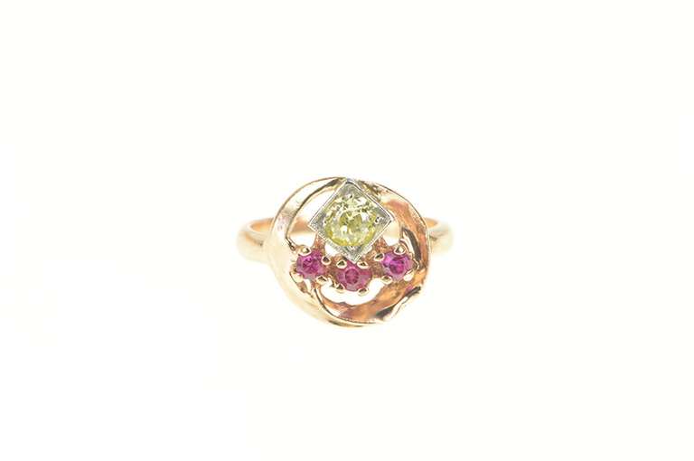 14K Yellow Gold 1930's 0.26 Ct Old Mine Cut Diamond Syn Ruby Ring