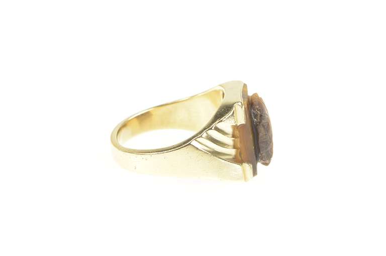 10K Yellow Gold Carved Tiger's Eye Soldier Cameo Statement Ring