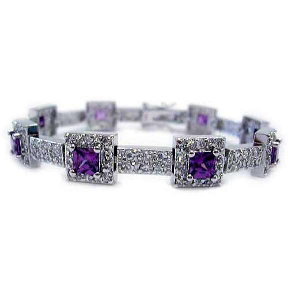 Sterling Silver 6.3ct Amethyst CZ & Clear CZ Square Link Bracelet