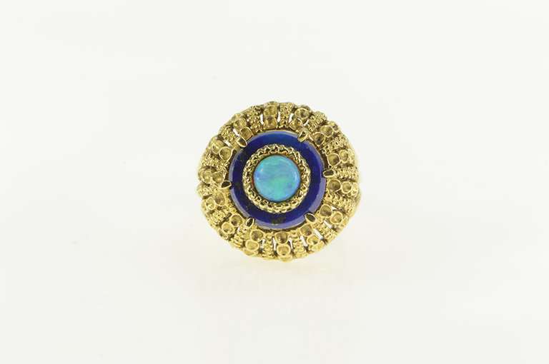 18K Yellow Gold Opal Lapis Lazuli 1960's Domed Cocktail Ring