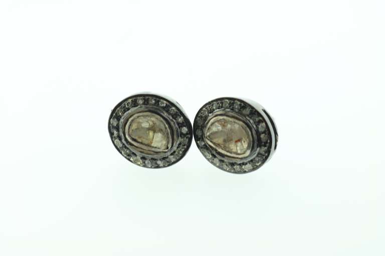 Oval Dark Silver Mine Cut Diamond Earrings with Diamond Accents