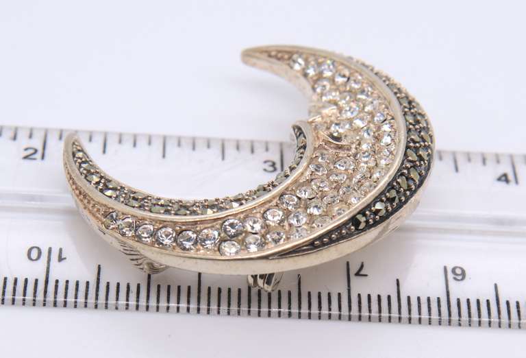 Vintage Sterling Silver Signed Moon Cubic Zirconia and Marcasite Pendant Brooch