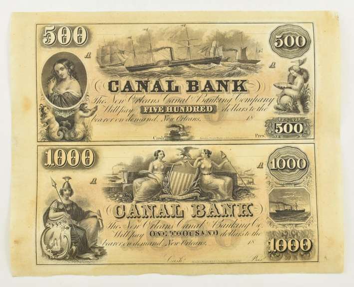 Uncut Sheet 1800's $500, $1000 Canal Bank New Orleans Notes