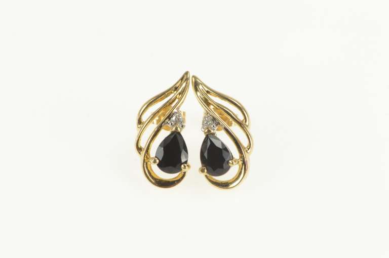 14K Yellow Gold Pear Sapphire Diamond Accent Wavy Stud Earrings