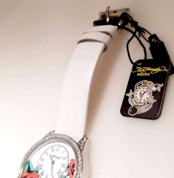 Ed Hardy Classic ladies roses watch with Swarovski crystals and white leather strap