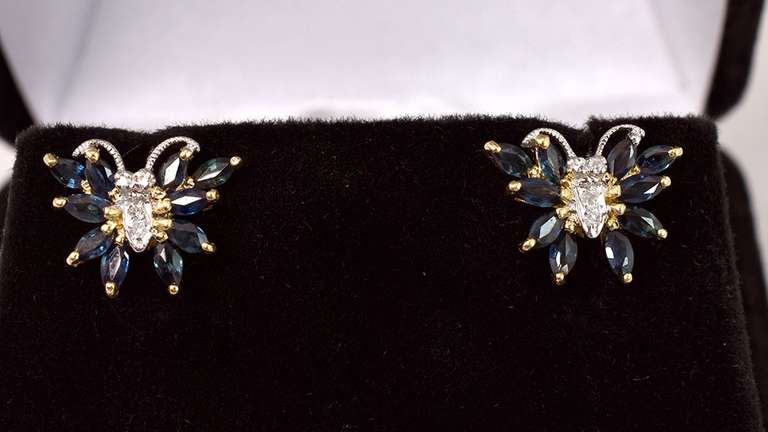 Delightful Sapphire and Diamond Butterfly Earrings in Yellow Gold