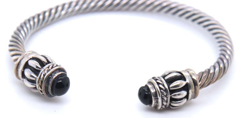 Vintage Sterling Silver Black Onyx Cuff Bangle