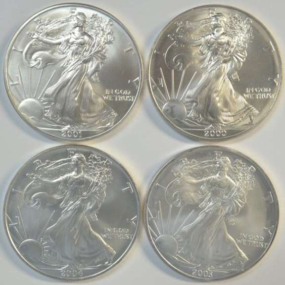 4 Diff. Superb Gem BU $1 Silver Eagle coins 2000 to 2004