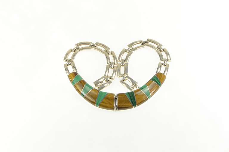 Sterling Silver Tiger's Eye Malachite Inlay Squared Collar Necklace
