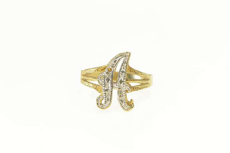 10K Yellow Gold A Cursive Monogram Letter Diamond Accent Ring