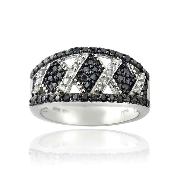 1/2ct Black & White Diamond Criss Cross Silver Tone Band Ring