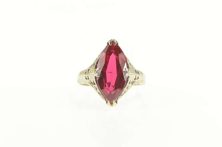 14K White Gold Art Deco Marquise Syn. Ruby Filigree Statement Ring