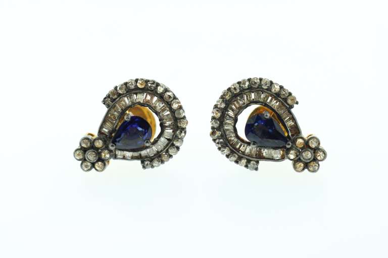 Elaborate Sapphire Teardrop Earrings with Gold Plated Silver and Diamonds