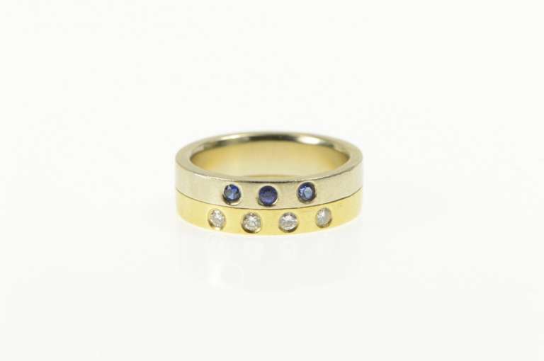 18K Yellow Gold Two Tone Diamond Sapphire Wedding Band Ring