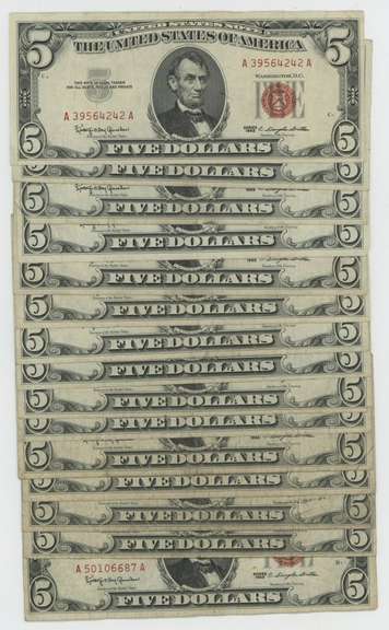 Nice lot of 15 Series of 1963 $5 Red Seal Notes