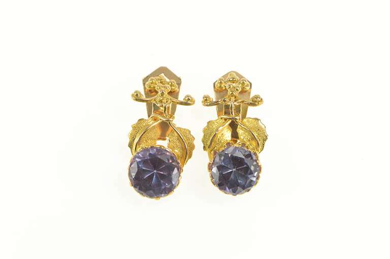 14K Yellow Gold Victorian Amethyst Leaf Dangle Clip Back Earrings