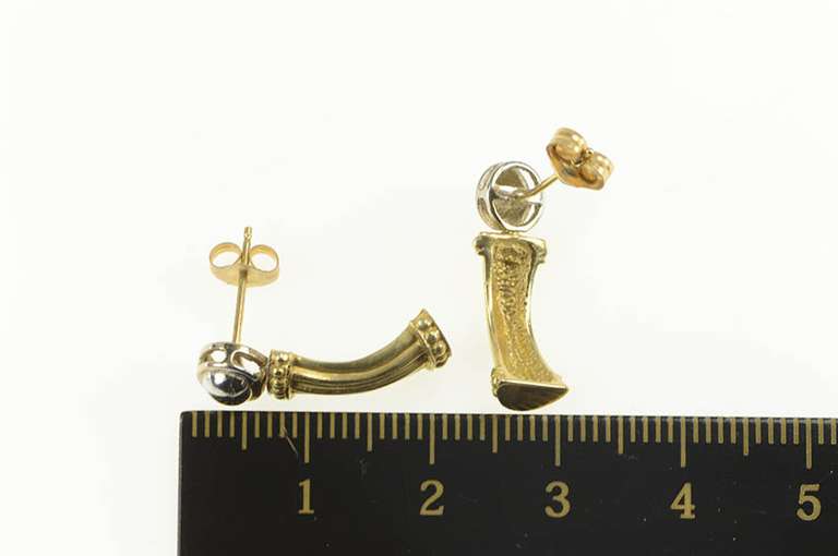 14K Yellow Gold Two Tone Grooved Geometric Bar Drop Earrings