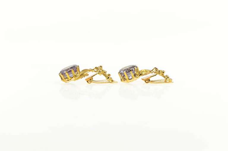 14K Yellow Gold Victorian Amethyst Leaf Dangle Clip Back Earrings