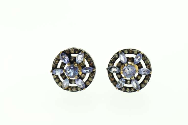 Bright Iolite Earrings with Dark Silver and Diamond Accents