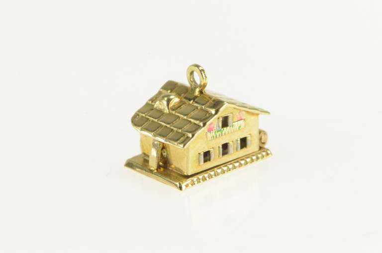 14K Yellow Gold Articulated Enamel House Home Sweet Home Charm/Pendant