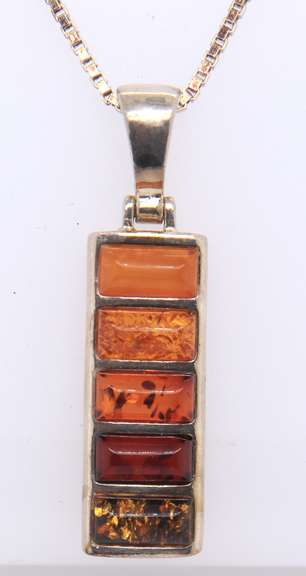 Vintage Italian Sterling Silver Amber Bar Pendant on Chain
