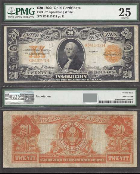 $20 1922 GOLD CERTIFICATE Fr. 1187 PMG VERY FINE 25