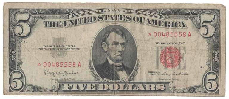 1963 Red Seal $5 Five Dollar United State Bank Note