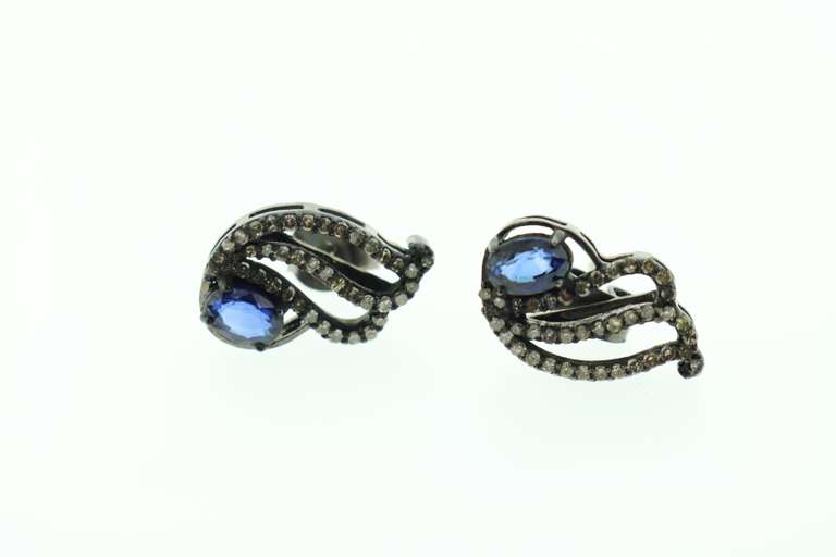 Illustrious Dark Silver Design Earrings with Gorgeous Sapphire and Diamond Accents
