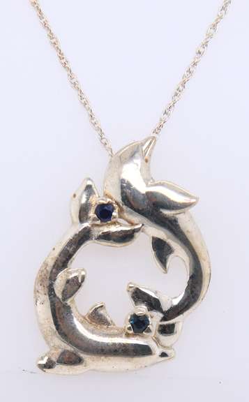 Vintage Sterling Silver Double Dolphin Pendant on Chain